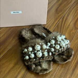 Miu Miu Chocolate Brown Faux Fur Slide Sandals with Pearl Clusters